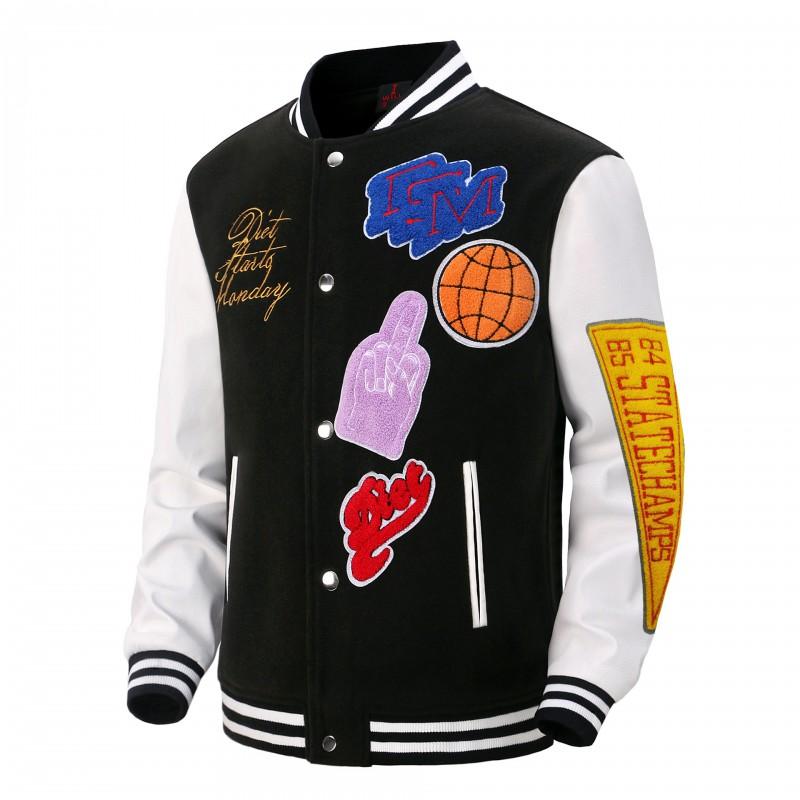 Mens Thick Winter Baseball Jacket With Stand Collar Patchwork Embroidery Fleece Lined Vintage Style