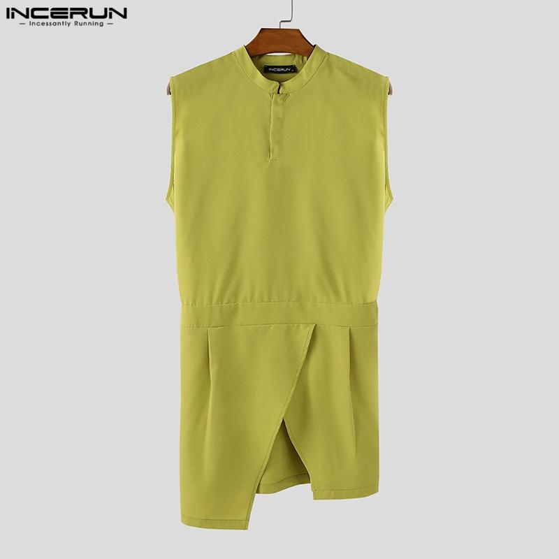 INCERUN Men Summer Buttons Stand Collar Sleeveless Cutout Casual Irregular Splits Tank Tops