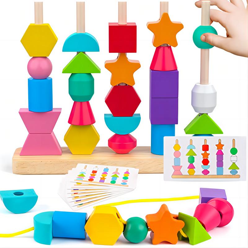 Wooden Toddler Beading Toy with Colorful Stacking Blocks