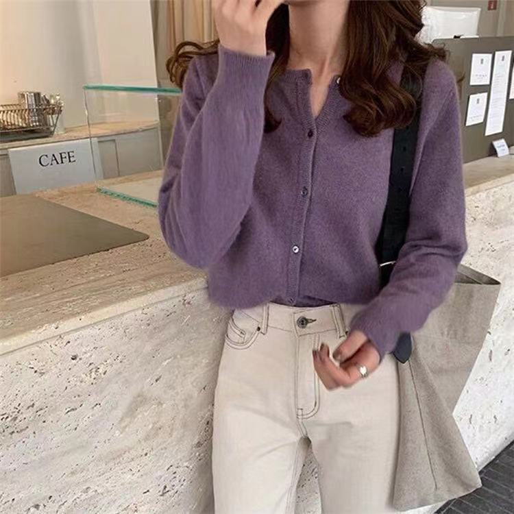 Women's long-sleeved sweater Autumn Loose and versatile sweater pure colour short version