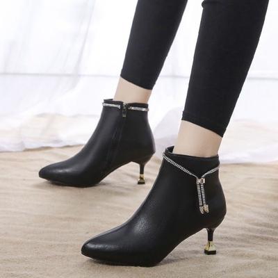 Versatile Rhinestone Thin Heel Short Boots Women's Autumn and Winter Leather Bare Boots New Fashion Pointed Women's Velvet Martin Boots
