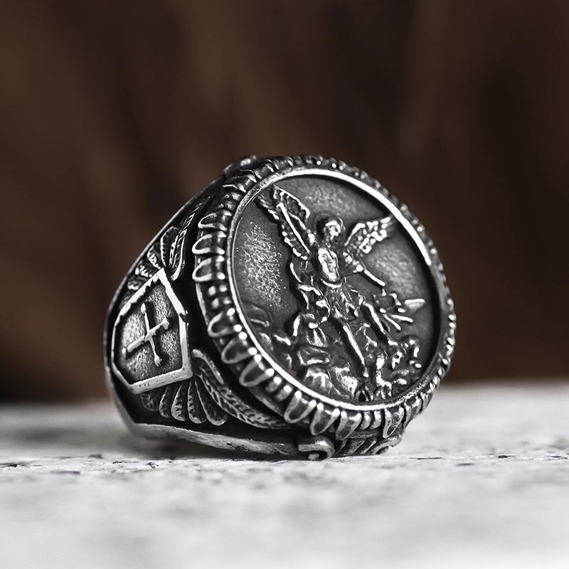 1/316L Stainless Steel St Michael Men Rings Religious Talisman Biker Ring Fashion Jewelry for Boys and Men