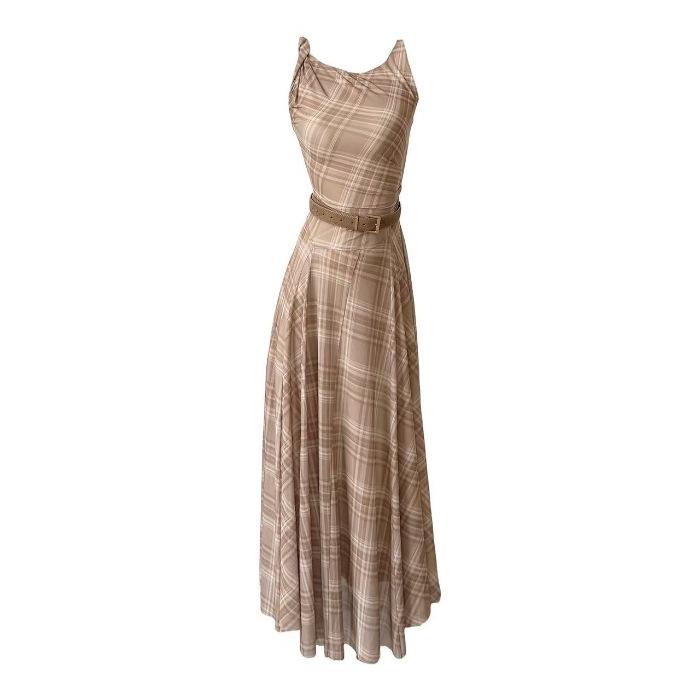 French Retro High-End Sleeveless Plaid Waist-Cinching Long Dress for Women Small