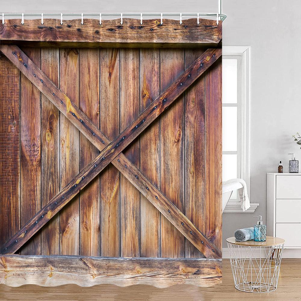 Rustic Barn Door Shower Curtains Grey White Brown Wooden Board Vintage Farmhouse Decorative Polyester Fabric Bathroom Curtains