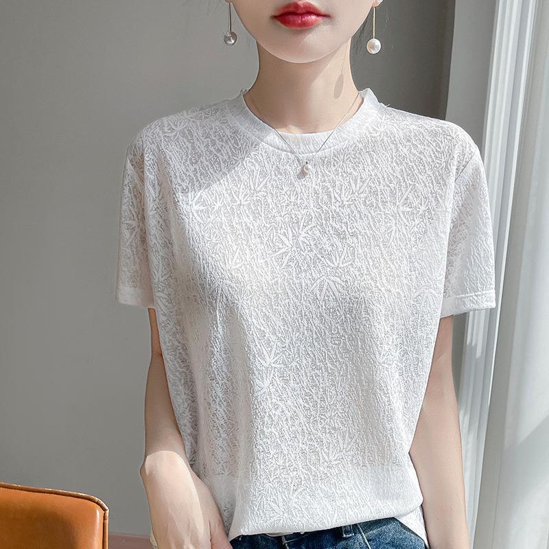 

Новая летняя трикотажная футболка из жаккардового тенселя с короткими рукавами и круглым вырезом для женщин XL