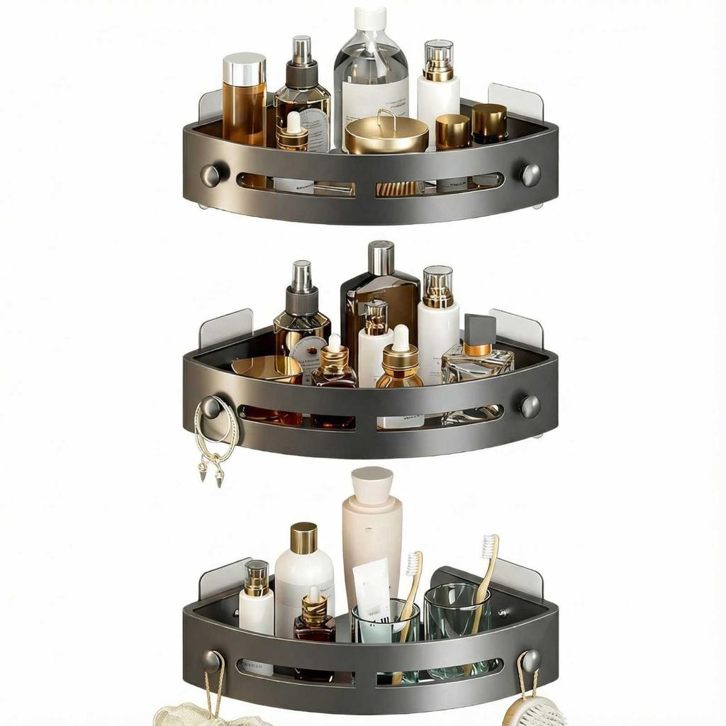 3 Pack Gray Abs Triangular Suction Cup Shower Caddy, 3 Tier Corner Shelves, No Drilling Bathroom Organizer, Towels Hook Toiletries Storage Rack