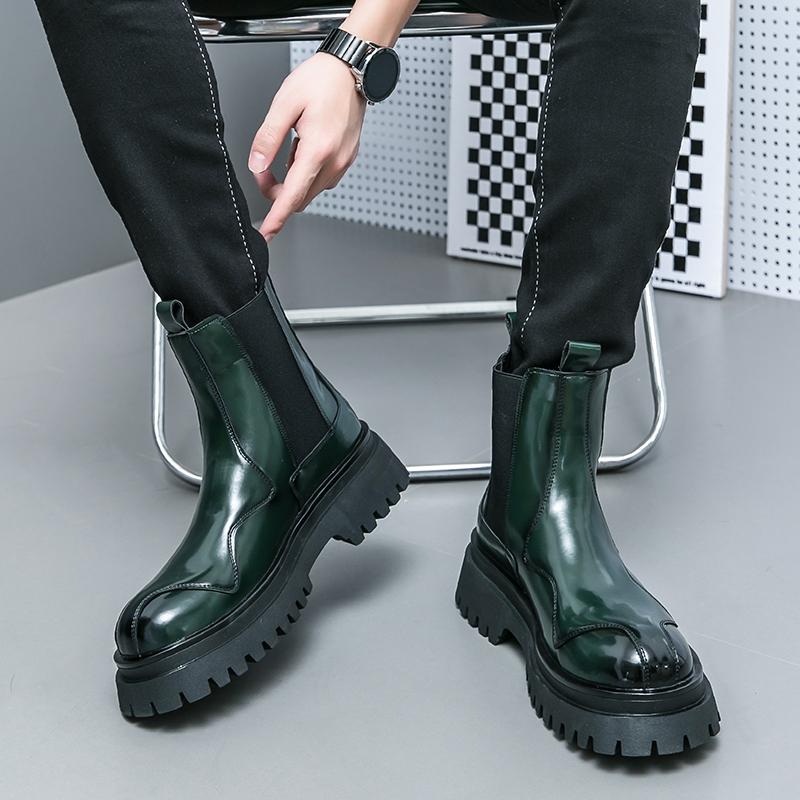 Men’s Chelsea Thick Sole Platform Punk Green Leather Boots Elevator Street Style Big Head Motorcycle Boots High Boots Plus Size