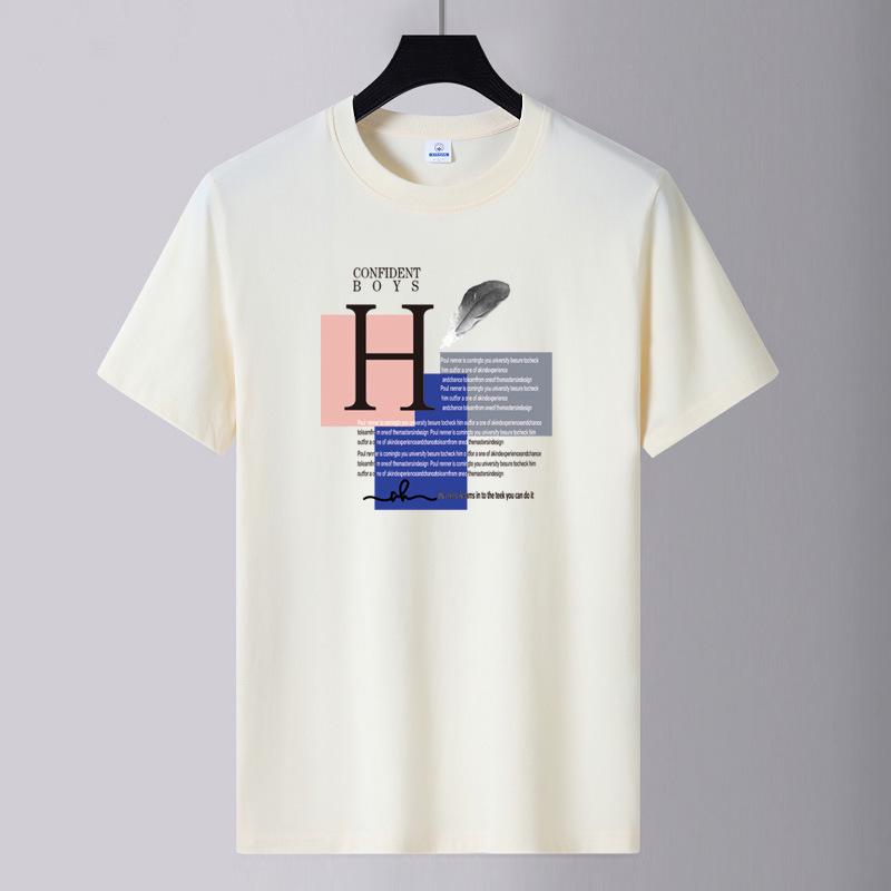 

Летняя мужская хлопковая футболка с круглым вырезом и графическим принтом - Свободный крой, Молодежная мода, На все случаи жизни, Большой размер Large