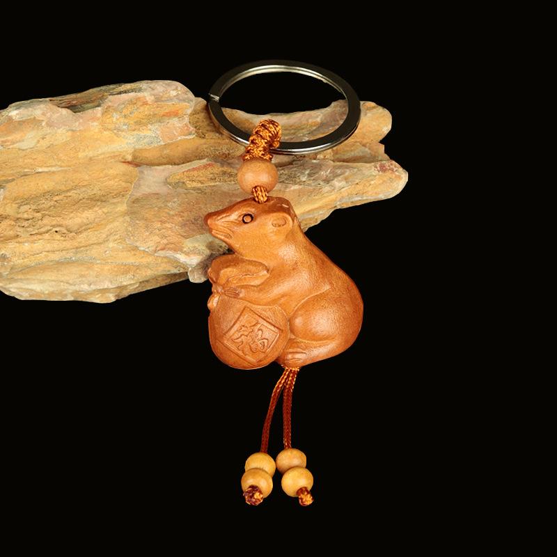 Peach & Jujube Wood Zodiac 3D Keychain: High-End Guardian Amulet Jewelry.