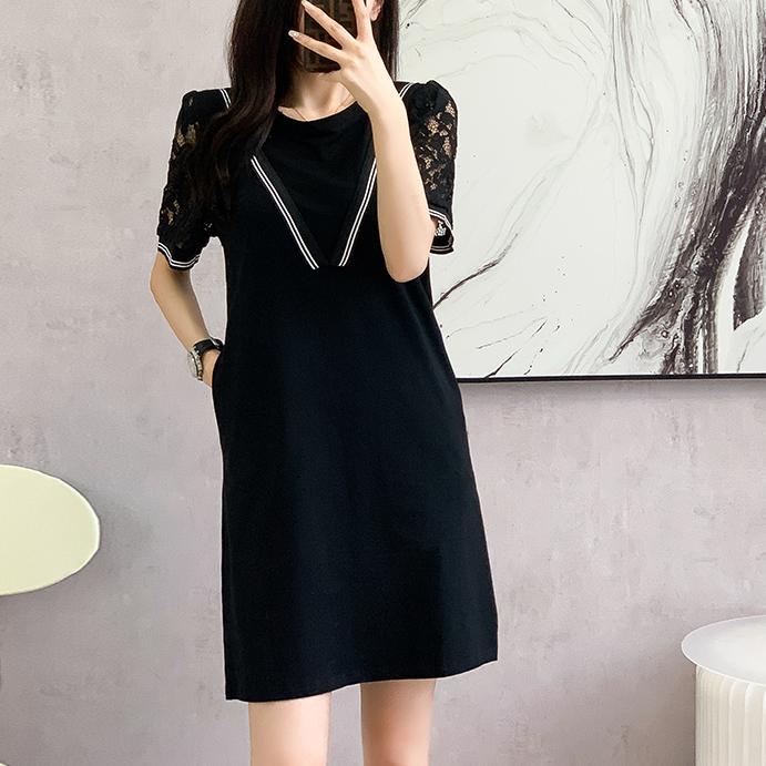 

DIMANAF 2023 Летнее платье-футболка больших размеров Женское хлопковое свободное платье с принтом Пляжное сращенное платье миди Повседневное кружевное шоу чистого цвета Тонкие женские платья