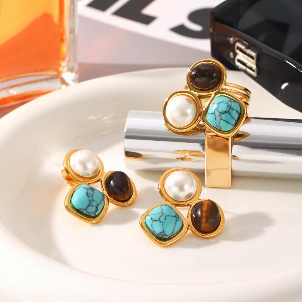Turquoise Stainless Steel Jewelry Set: Open Ring & Tiger Eye Earrings - Luxurious High-End Look