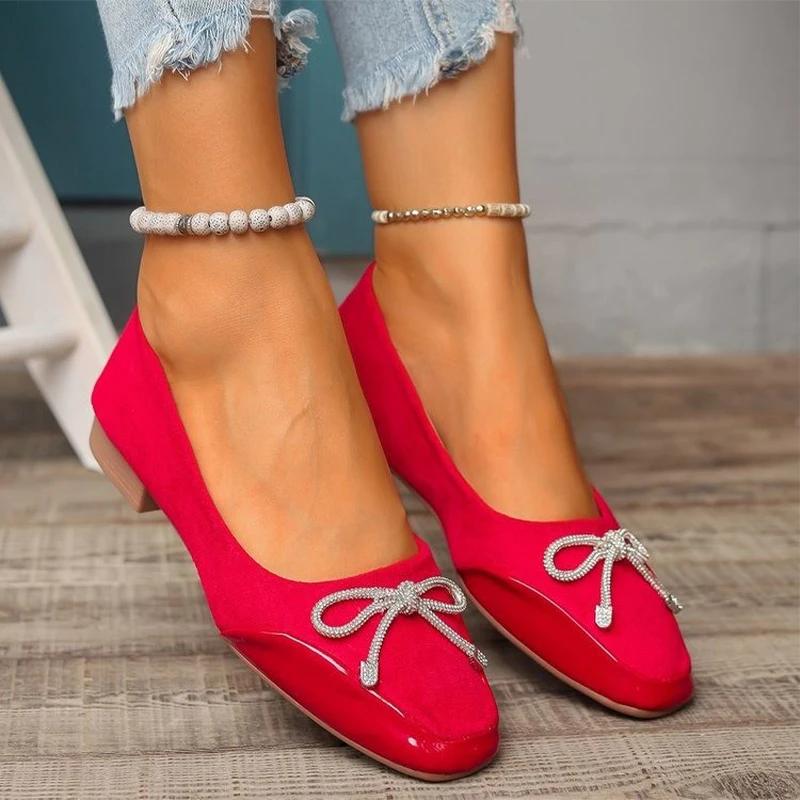 Fashion Women Bow Crystal Shallow Flats Shoes Autumn Designer Square Toe Shoes 2024 New Walking Casual Shoes Cozy Dress Chaussures Femme