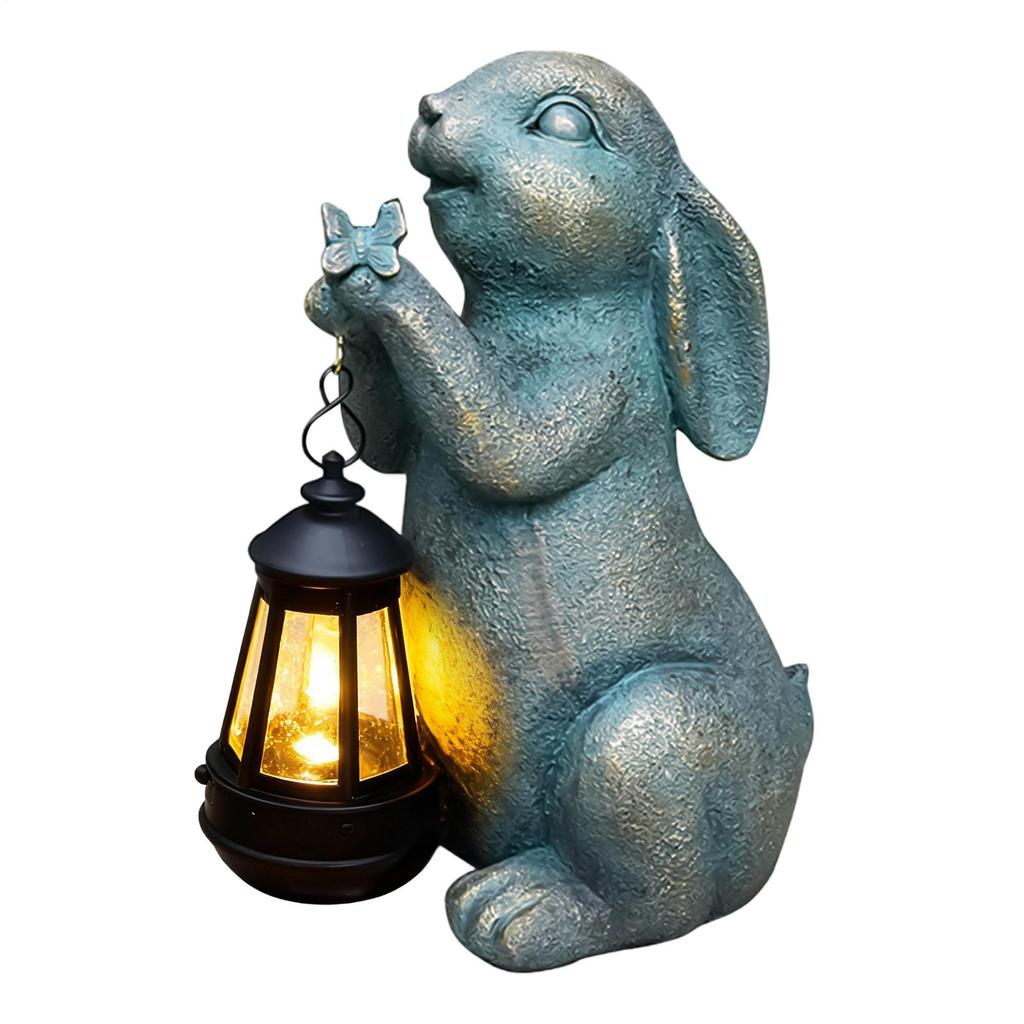 Easter Bunny Statue With Solar Light Sculpture Ornament Resin Garden Rabbits Statue Vintage Imitation Bronze Spring Easter Decor