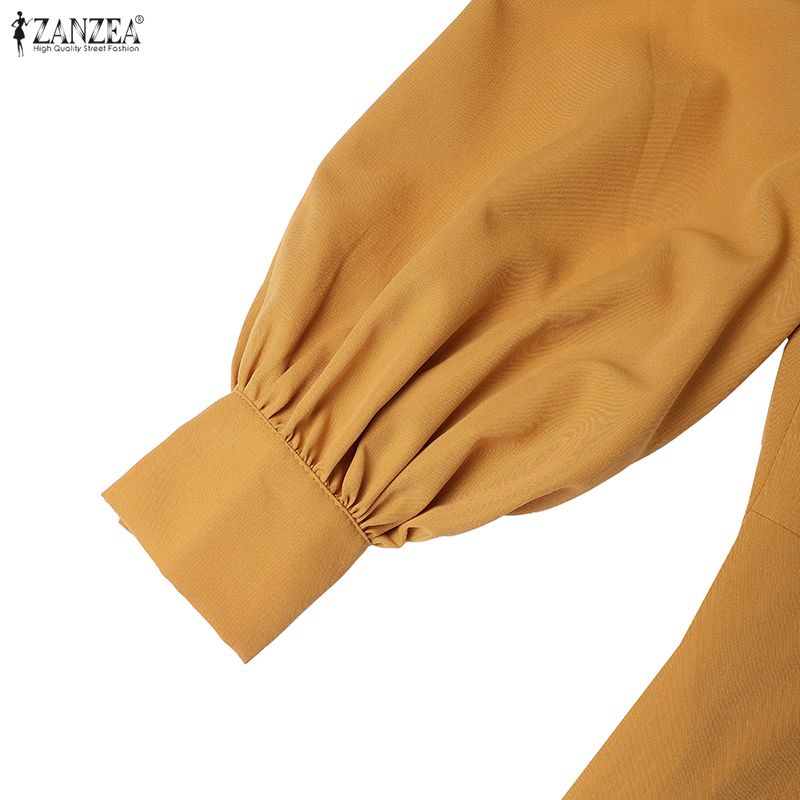 ZANZEA Elegant Women Stand Neck Puff Sleeve Buttons Slim Waist Casual Loose Long Pleated Dress