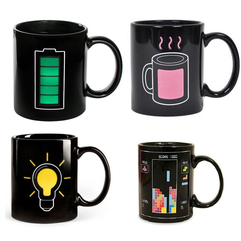 Farbwechselnde Keramiktasse mit Glühbirnen-, Tetris- und Batteriemuster zum Verschenken und für Werbezwecke