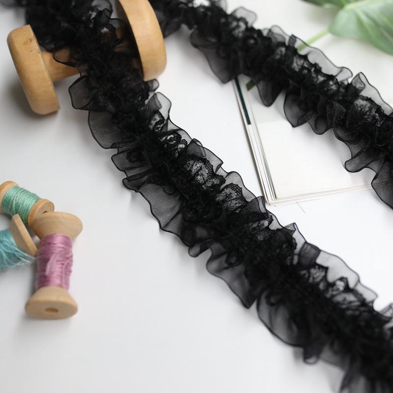 Black & White Elastic Organza Lace Trim – 4cm Pleated Band for DIY Accessories & Handmade Projects