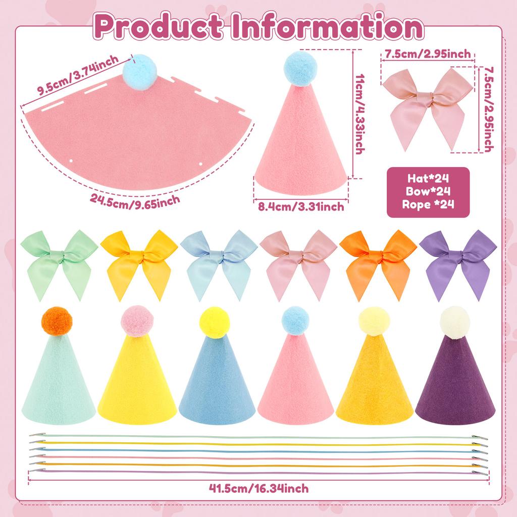 24Pcs Mini Pet Hat with Bows and Elastic Strings for Dolls Dog Cat Rabbit Assorted Animal Party Decor Dog Cat Birthday Hats