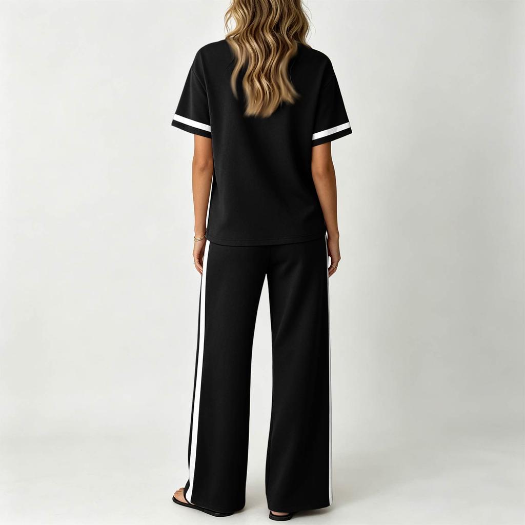 Conjunto de Dos Piezas para Mujer Informal para Estar en Casa Top de Manga Corta y Pantalones de Pierna Ancha Tejido Suave Ajuste Cómodo Estilo Relajado