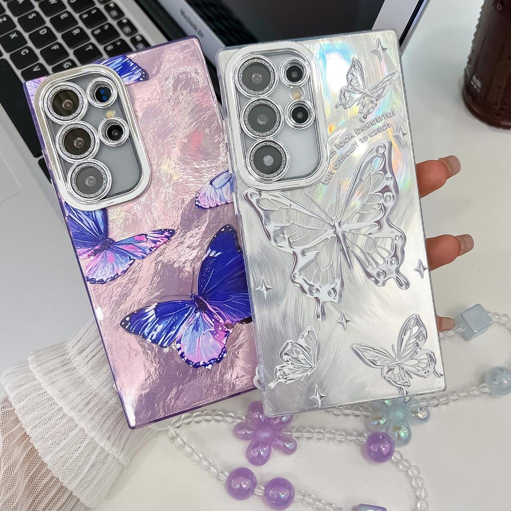 Small Fresh Embossed Butterfly Suitable for Samsung S25 Ultra Electroplated Mobile Phone Case Bracelet S24 Flash Powder Lens Film A56