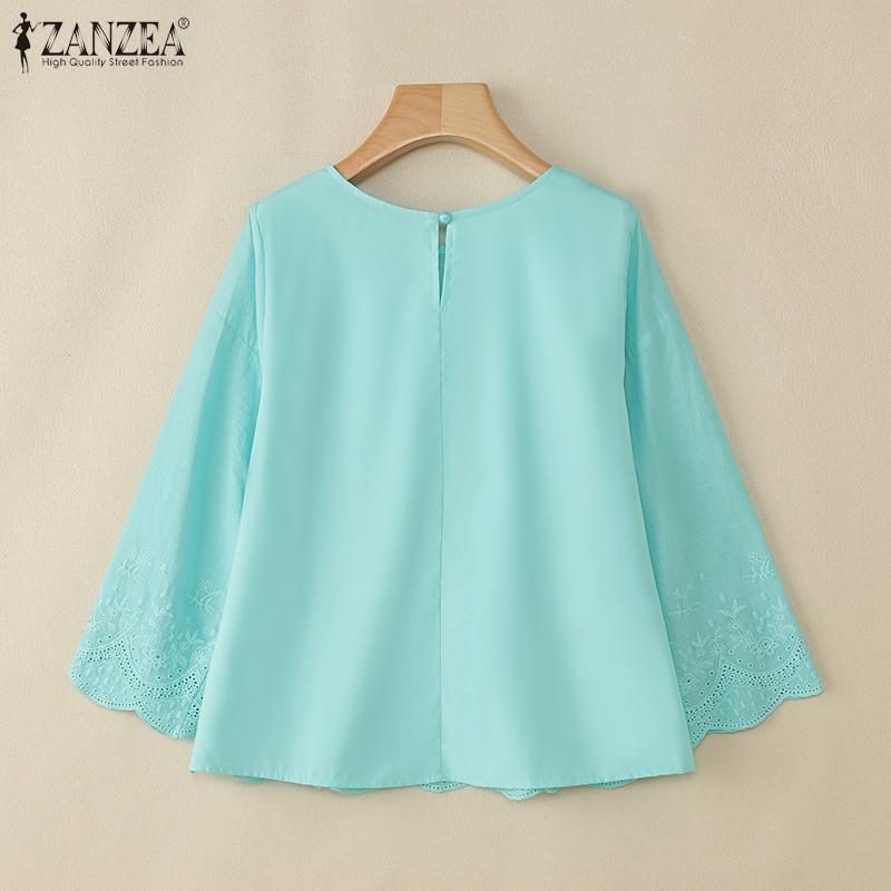 ZANZEA Bluză lejeră de damă casual cu gât rotund și mâneci 3/4, brodată