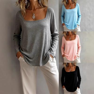 2025 New Women's Casual Square Neck Long Sleeve Pullover Loose Solid Color Multicolor Women's T-Shirt