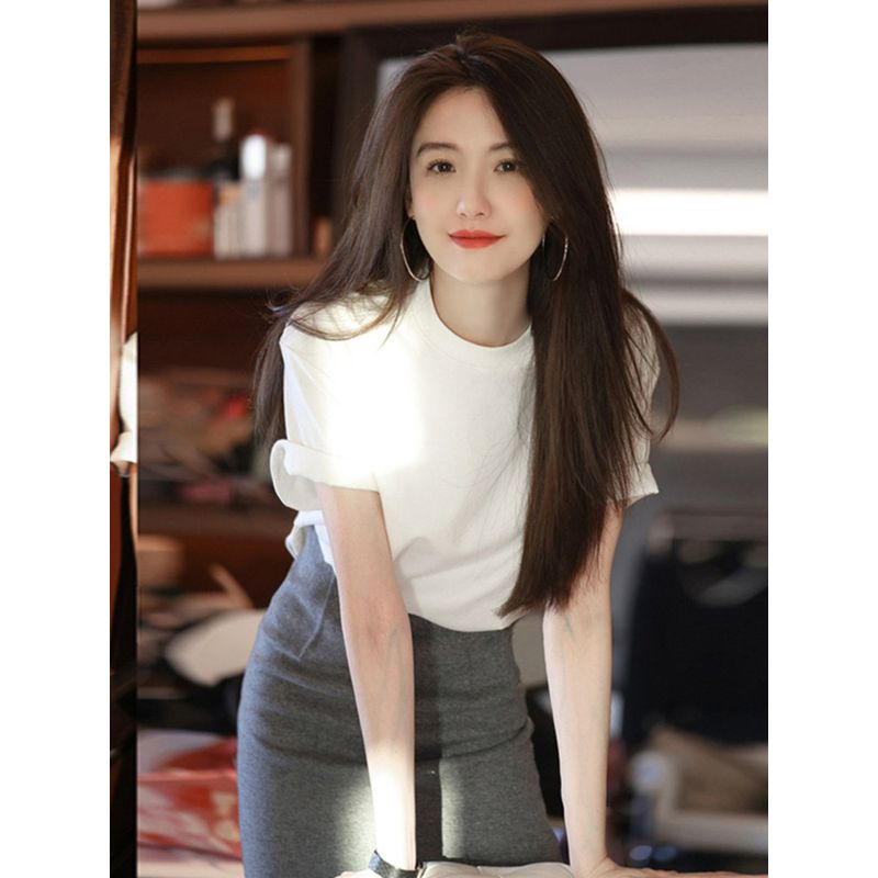 

French Exquisite Loose Slimming Cotton Short Sleeve T-Shirt White S Recommended (40-47.5kg)
