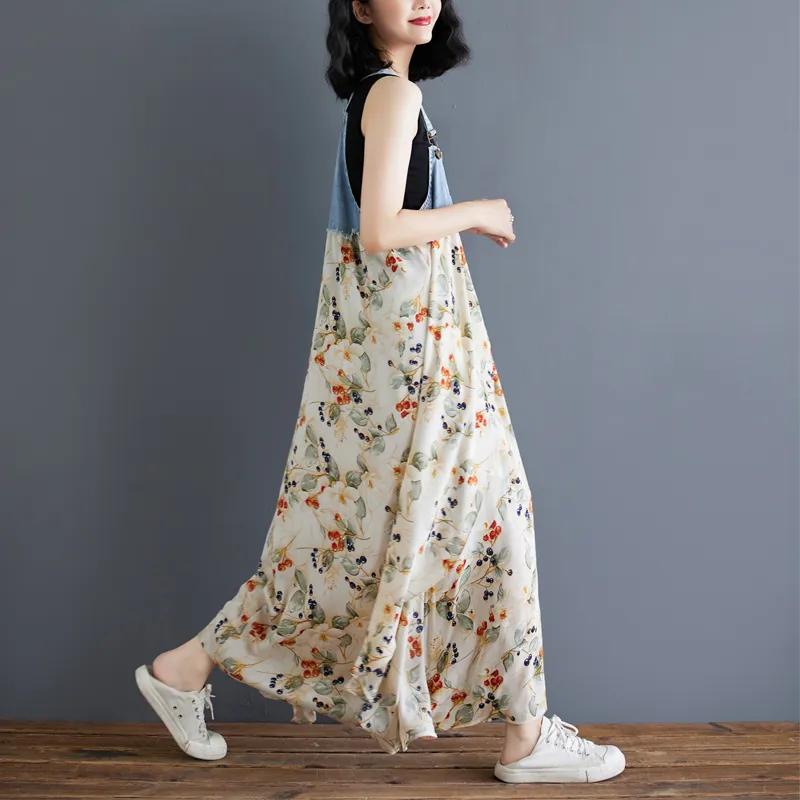 Summer Ladies Ruffled Dress Loose Chiffon Printed Denim Suspender Skirt