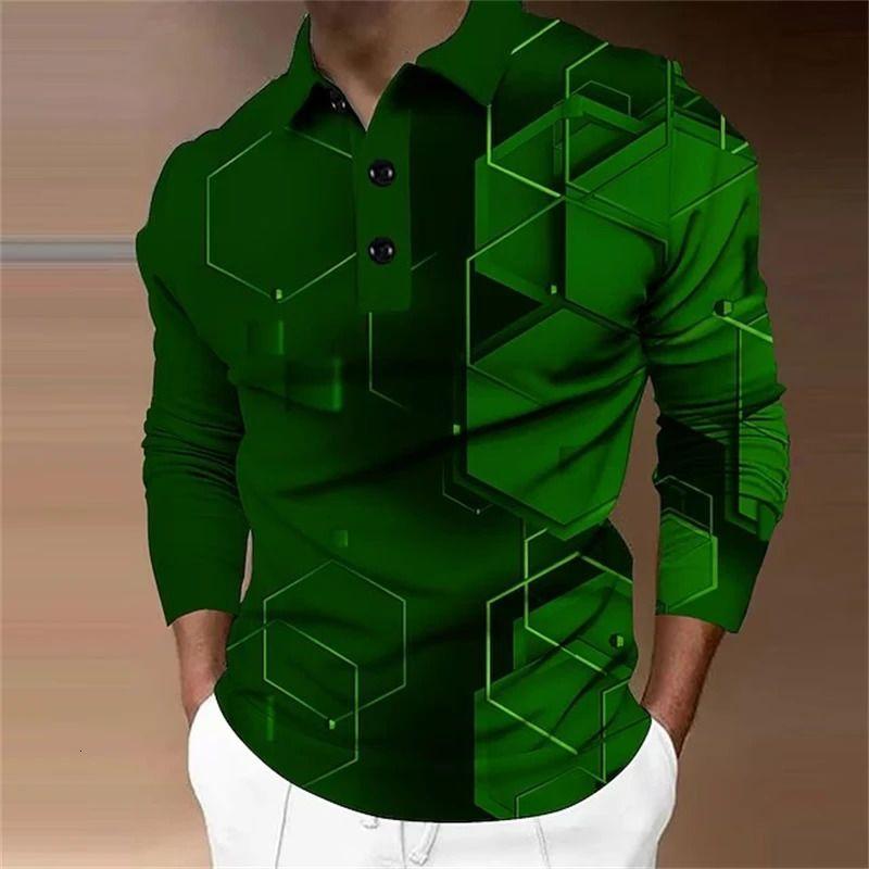 Men's 3D Printed Geometric Hexagonal Pattern Golf Shirt Long Sleeve Polo Shirt Business Casual Formal Button Collar AutumnWinter