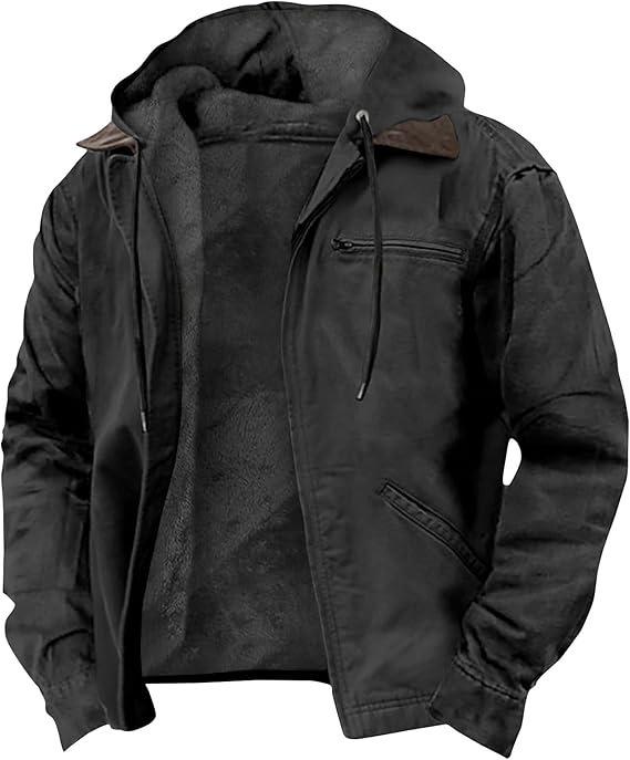 Men's Solid Color Hooded Cotton Jacket with Zipper Pockets and Plus Velvet Lining