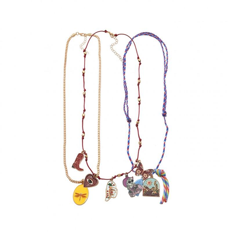 Womens Layered Pendant Necklace With Cactus Heart Butterfly Charm Enamel Detail Zinc Alloy 3-piece set