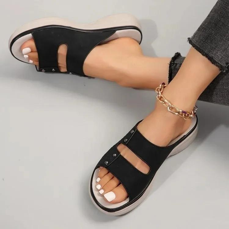 

Літо 2025 Жіночі босоніжки з круглим носком однотонні великого розміру модні на платформі товсті підбори шльопанці повсякденні для відпочинку 36 чорний