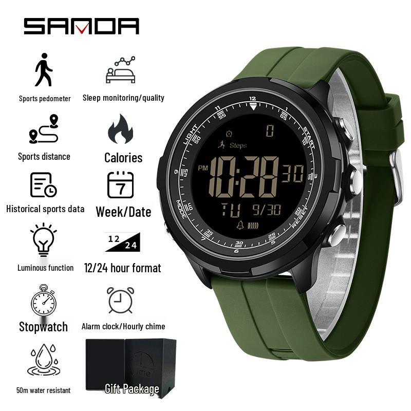 Sanda Sports Multifunctional Waterproof Pedometer Watch with Timer, Alarm, and Night Light