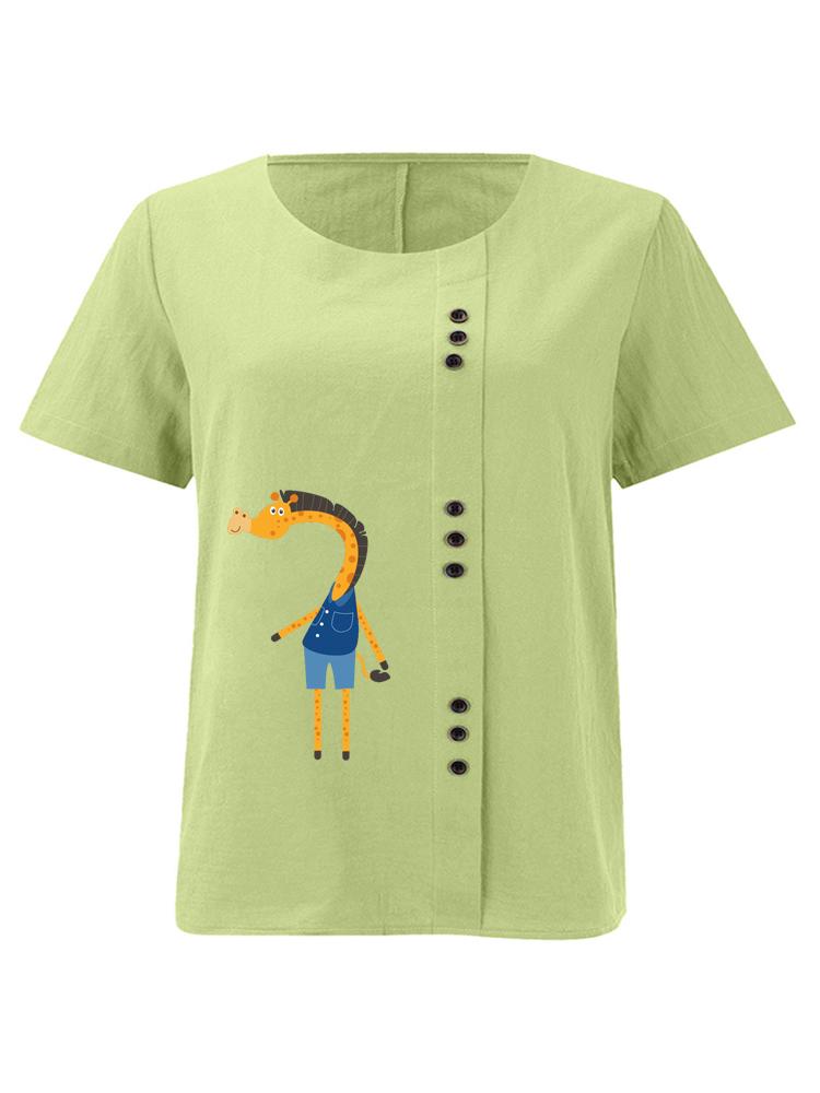 

Women s Fashion Giraffe Print Round Neck Short Sleeve T-shirt Summer Casual Cotton Linen Graphic Shirt Leisure Loose Blouse Tops 5XL зелений