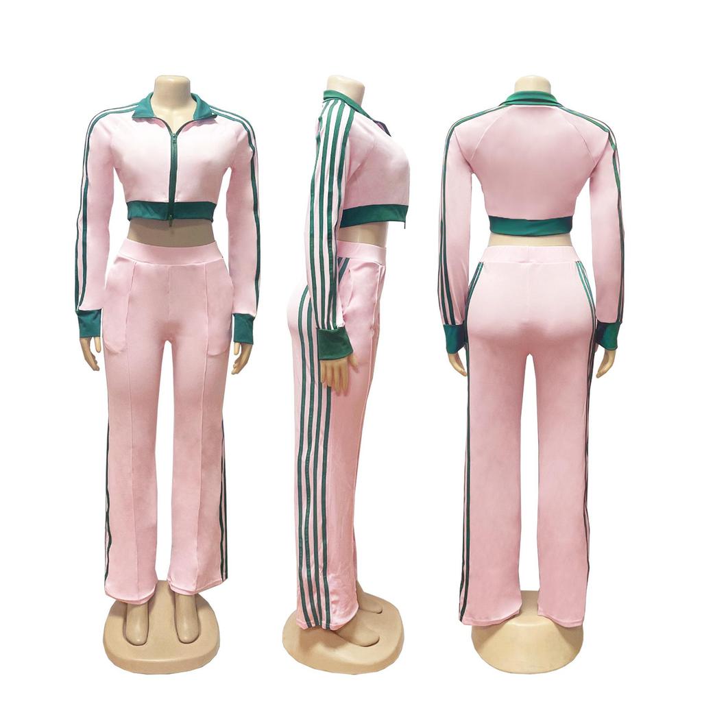TW768 Women's Casual Color Block Zipper Crop Top & Slim Fit Pants Set