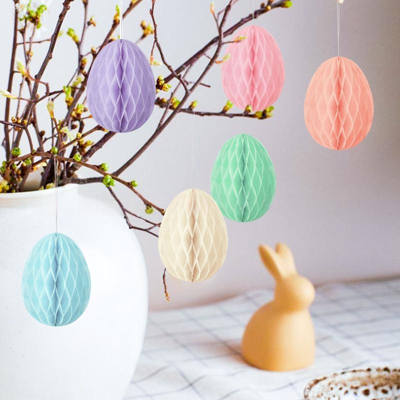 6Pcs Paper Easter Egg Ornaments 3D Colorful Honeycomb Easter Egg Ball Hanging Home Party Ornament Tree Decoration