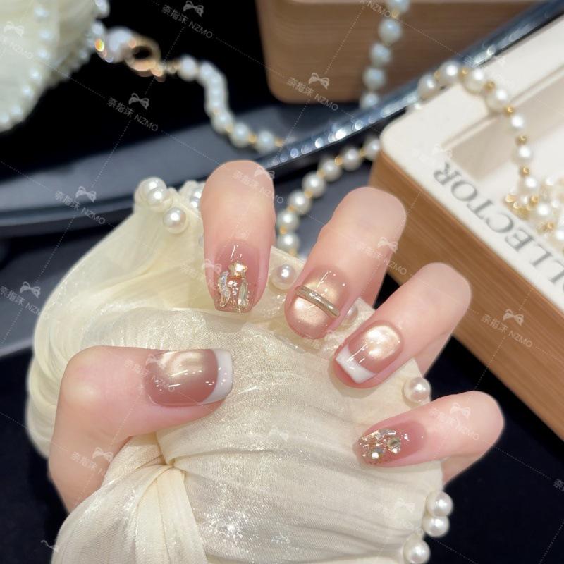 Starry Sweet Chapter Rhinestone French Style Handmade Wearable Nails