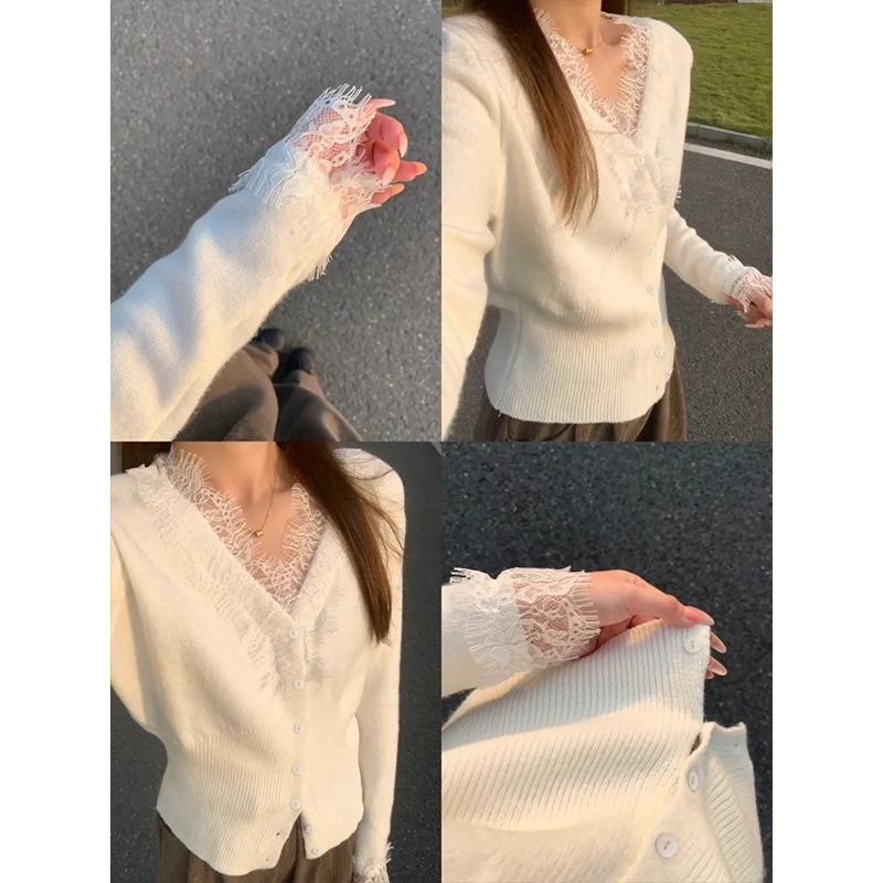 Pure Desire Collar Lace Splicing Knitted Cardigan Women's Spring Sweet and Spicy Versatile Bottoming Shirt with Sweater Inside