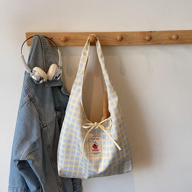 Japanese Style Chic Gingham Checkered Tote Bag Large Capacity Canvas Shoulder Bag for Women