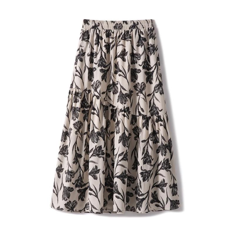 Spring 2025 A-line Printed Midi Skirt with Elastic Waist - QZE891127AL