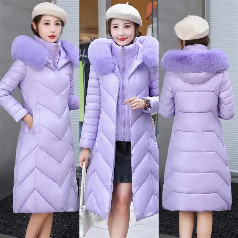 Women Winter Hooded Fur Collar Long Parkas Thick Warm Down Cotton Padded Jacket Women Casual Hoodies Coat Female Outwear
