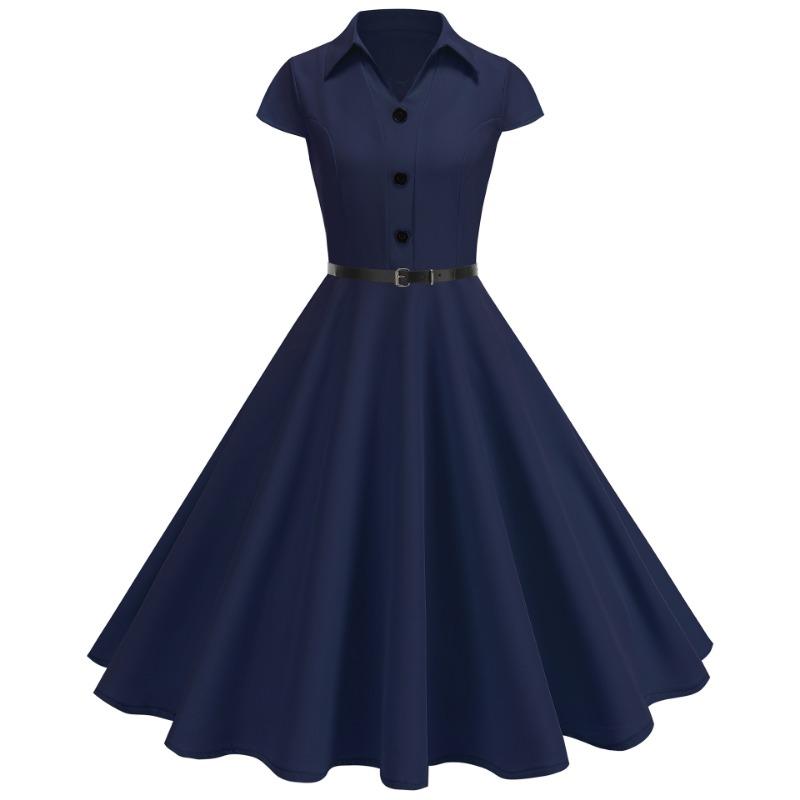 

Women s temperament professional retro stand-up collar solid color belt slim-fitting big swing dress XXL