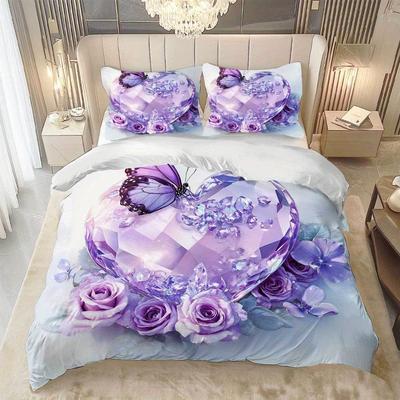 3pcs Purple Bedding Set Diamond Heart Rose Butterfly 3D Print Cozy Duvet Cover King Queen Twin Size Birthday Gift Bedroom Decor