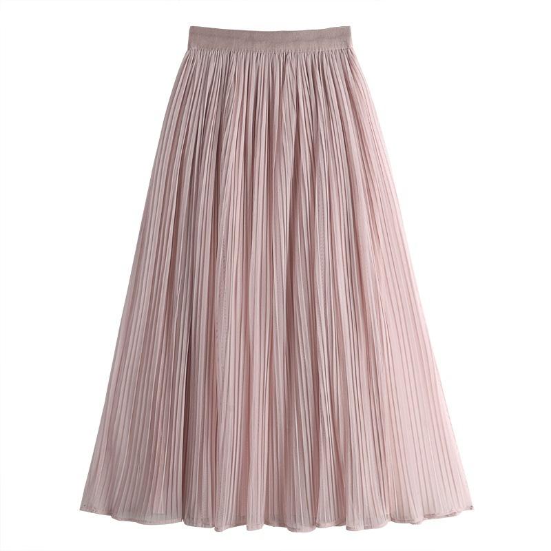 

Women Spring Fall High Waist All Match Solid Color Mesh Pleated A Line Skirt one size