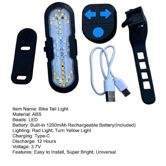 Bicycle Tail Light Waterproof Remote Control Turn Signal Light Type-C Rechargeable MTB Road Mountain Bike Rear Night Riding Bike Safety Warning Lamp