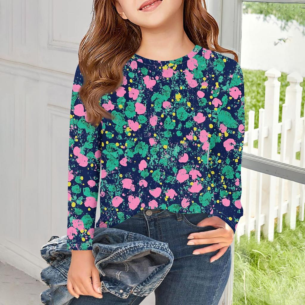 Dívčí trička s dlouhým rukávem Dětské podzimní topy Kulatý výstřih Potištěná základní trička 5-14L