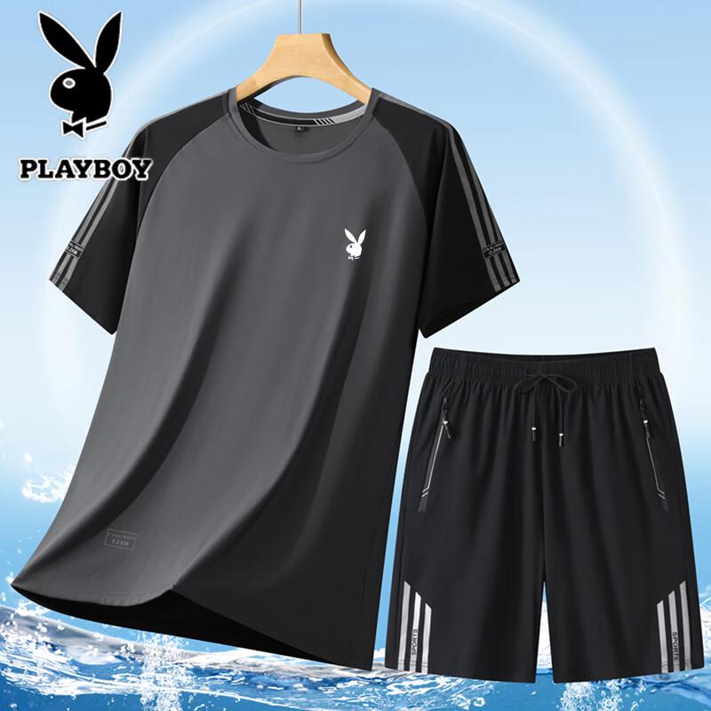 PLAYBOY Men s Ice Silk T-shirt & Shorts Summer Sport Set 5XL