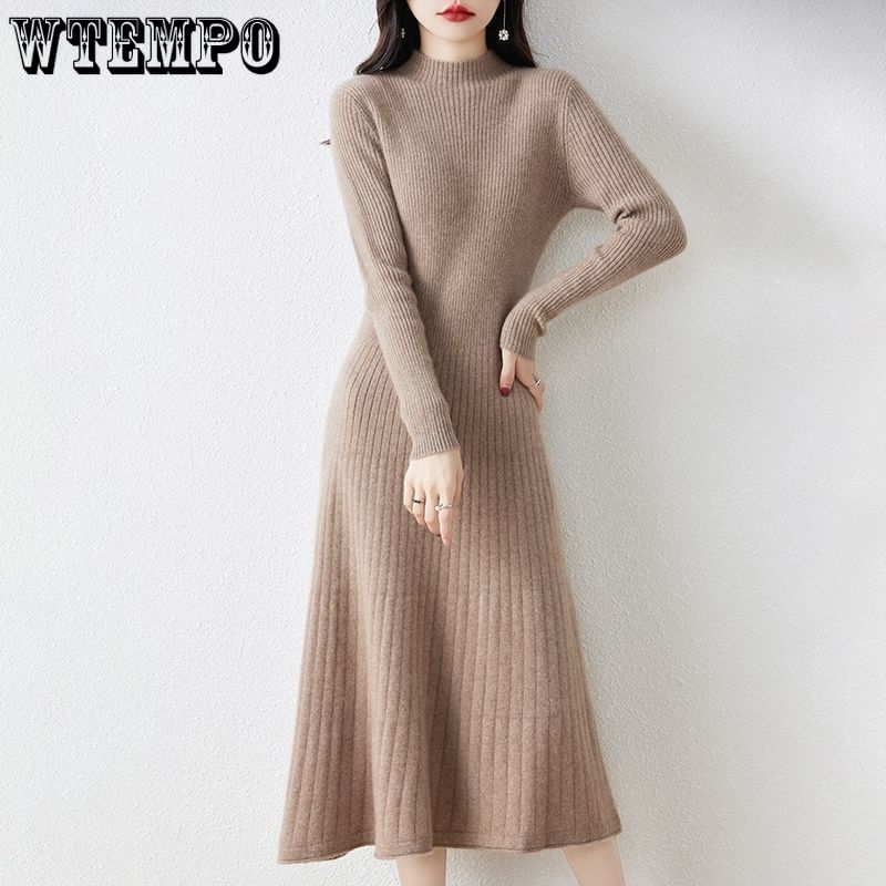 Women's Mid-length Knitted Dress Solid-color Casual Knee-length Sweater Dress Stylish Long Pullover for Autumn and Winter