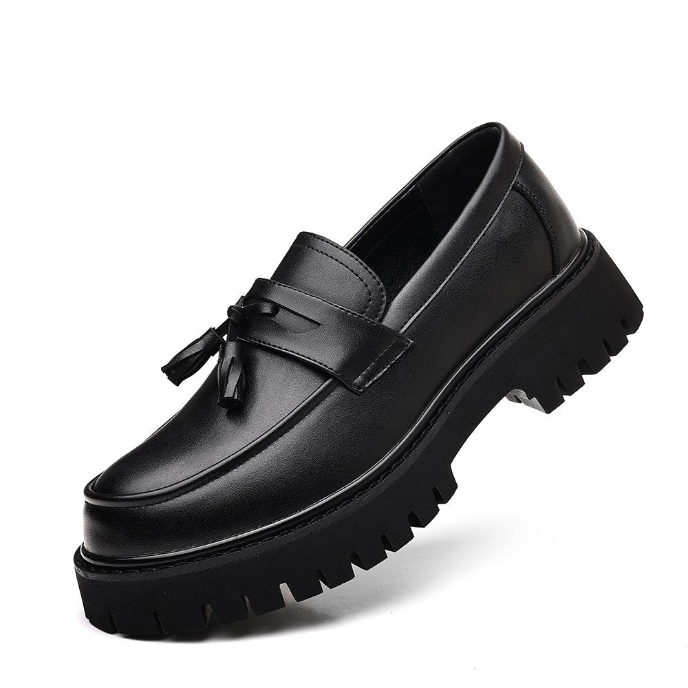 Men's Casual Fashion Low-top Thick-soled Heightening Leather Shoes Contrasting Colors Fringed Large-size Men's Shoes