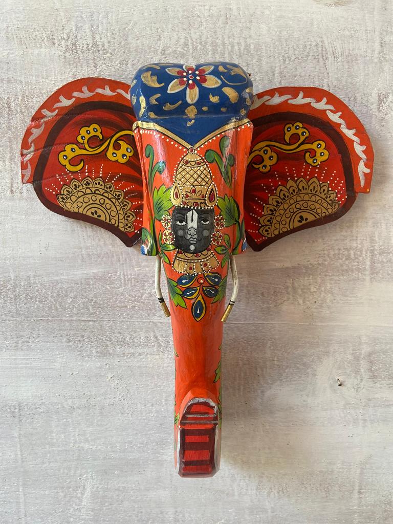 Hand Painted Wooden Elephant Mask: Shrinathji Pichwai Art Wall Hanging