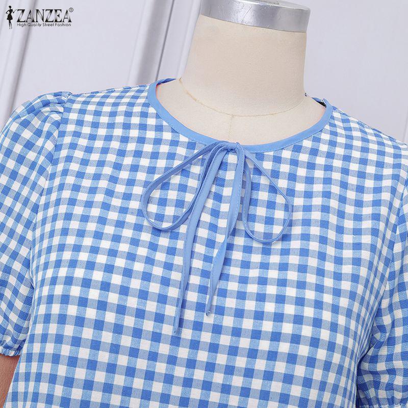 ZANZEA Vestido Casual de Verano para Mujer con Estampado de Cuadrícula y Cuello Redondo de Manga Corta
